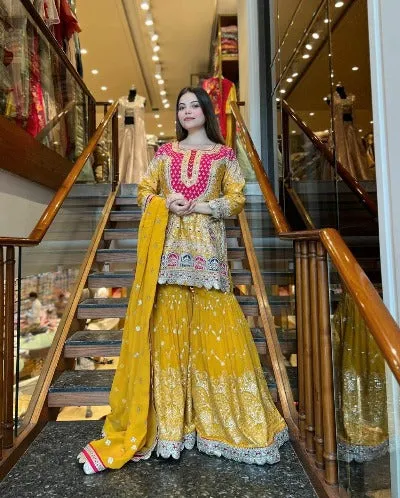 Yellow Georgette Multicolour Embroidered Sharara Suit Set