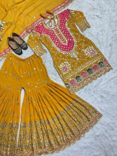 Yellow Georgette Multicolour Embroidered Sharara Suit Set